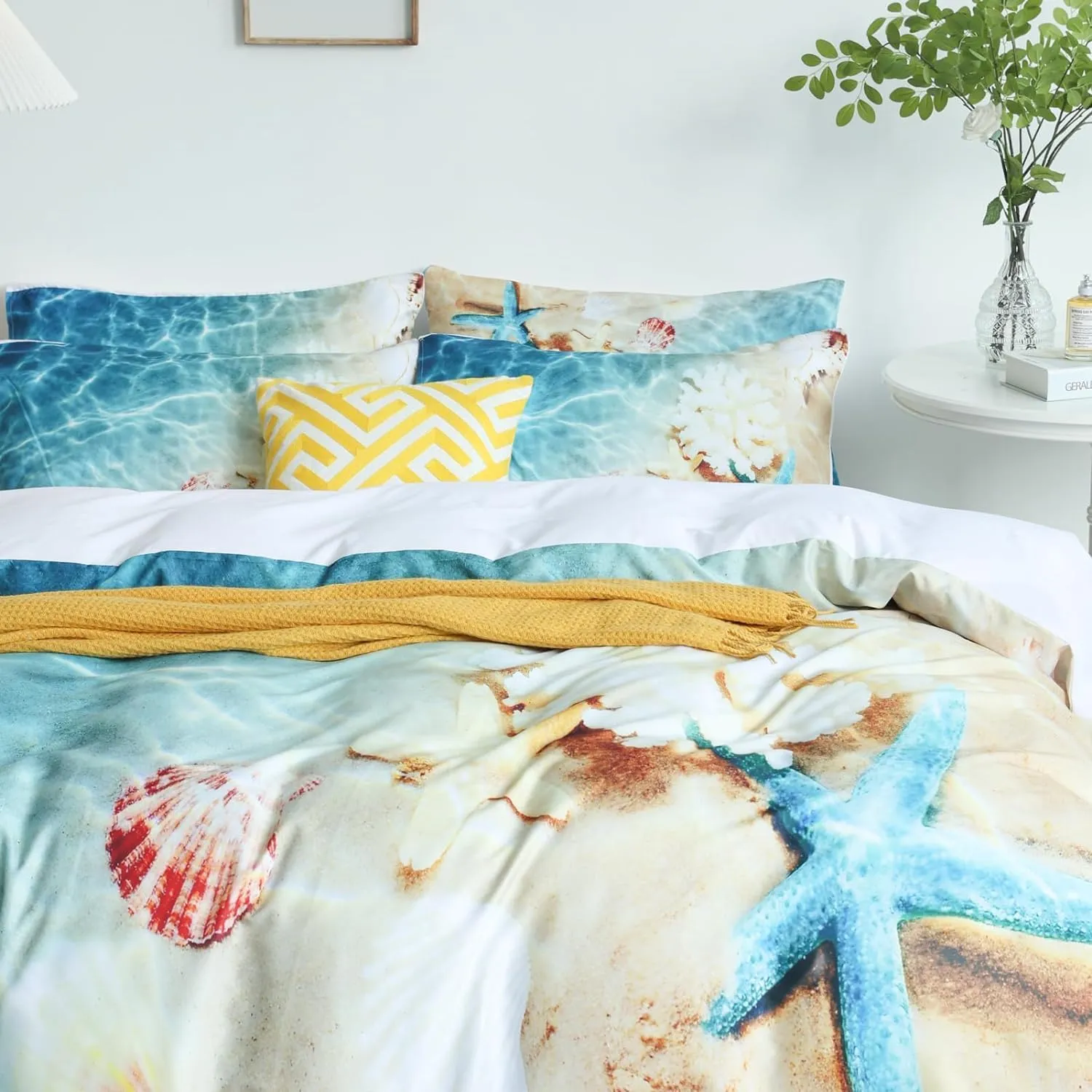 Beach Comforter Print Queen Size Soft 3 Pieces Lightweight 3D Ocean Sea Shell Starfish Beach Theme Beach Queen Comforter Set for All Seasons 1 Comforter and 2 Pillowcases (Coastal, Queen)