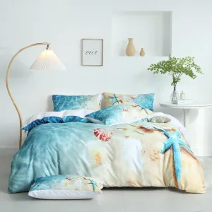 Beach Comforter Print Queen Size Soft 3 Pieces Lightweight 3D Ocean Sea Shell Starfish Beach Theme Beach Queen Comforter Set for All Seasons 1 Comforter and 2 Pillowcases (Coastal, Queen)