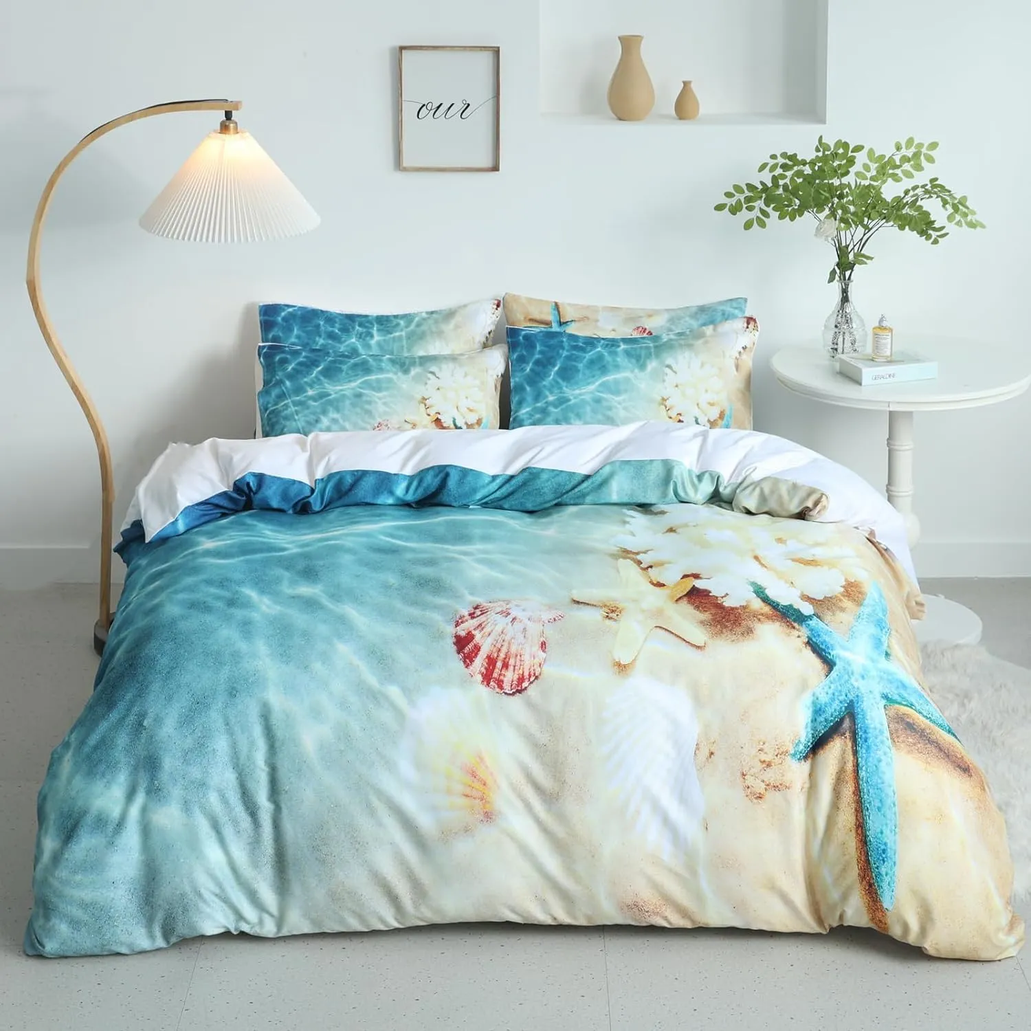 Beach Comforter Print Queen Size Soft 3 Pieces Lightweight 3D Ocean Sea Shell Starfish Beach Theme Beach Queen Comforter Set for All Seasons 1 Comforter and 2 Pillowcases (Coastal, Queen)