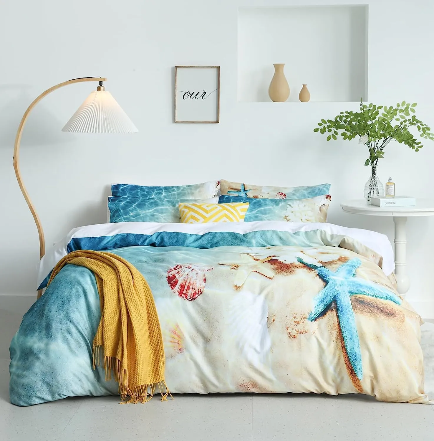 Beach Comforter Print Queen Size Soft 3 Pieces Lightweight 3D Ocean Sea Shell Starfish Beach Theme Beach Queen Comforter Set for All Seasons 1 Comforter and 2 Pillowcases (Coastal, Queen)