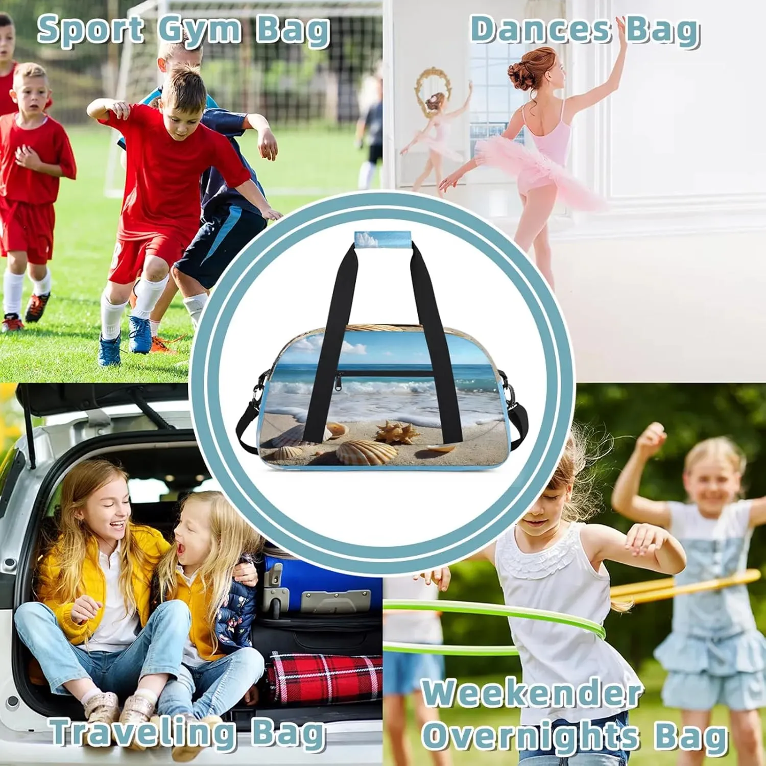 Beach Seashell Starfish Small Gym Bag 18 inch Carry On Duffel Bag for Weekender Travel Sports Workout Yoga Gymnastics Dance Ballet