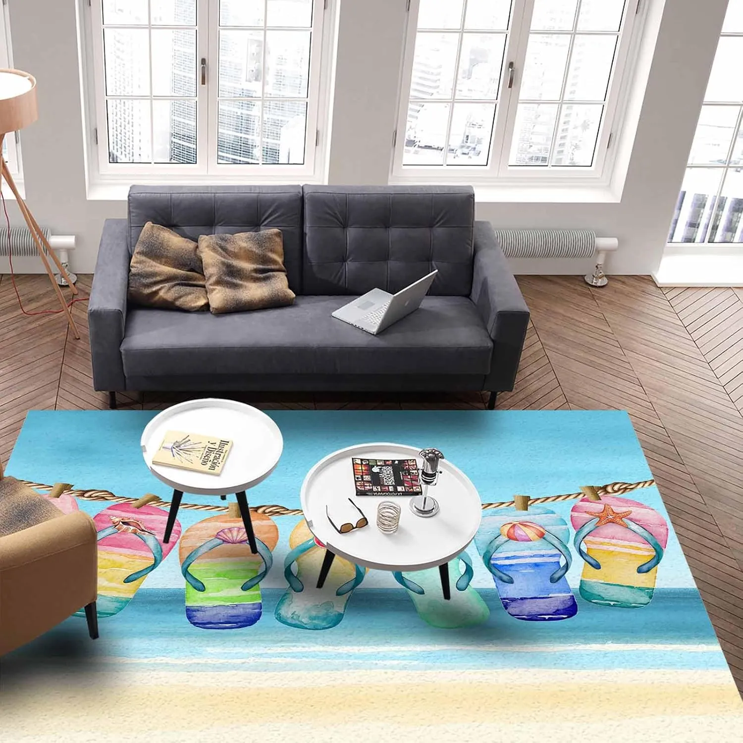 Beach Slippers Area Rug 5' x 8', Summer Ocean Starfish Shell Blue Sky Modern Outdoor Living Room Bedroom Area Rug Carpet, Kitchen Rug Bath Mat Front Porch Floor Doormat Runner Rugs
