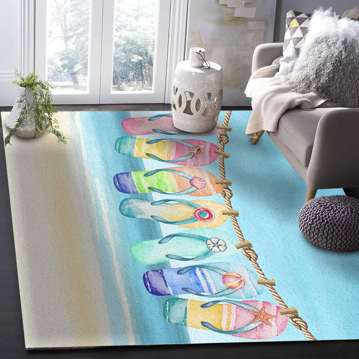 Beach Slippers Area Rug 5' x 8', Summer Ocean Starfish Shell Blue Sky Modern Outdoor Living Room Bedroom Area Rug Carpet, Kitchen Rug Bath Mat Front Porch Floor Doormat Runner Rugs