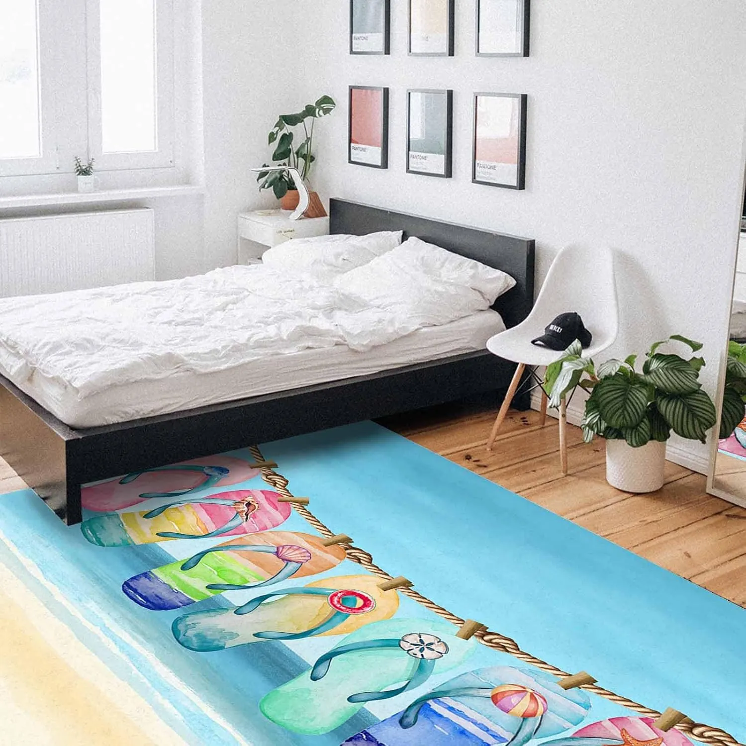 Beach Slippers Area Rug 5' x 8', Summer Ocean Starfish Shell Blue Sky Modern Outdoor Living Room Bedroom Area Rug Carpet, Kitchen Rug Bath Mat Front Porch Floor Doormat Runner Rugs
