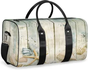 Beach Starfish Duffle Bag for Travel, Overnight Weekend Gym Carry On Luggage Bag, Wooden Wood Rustic Country Ocean Travel Duffel Bag for Men Women