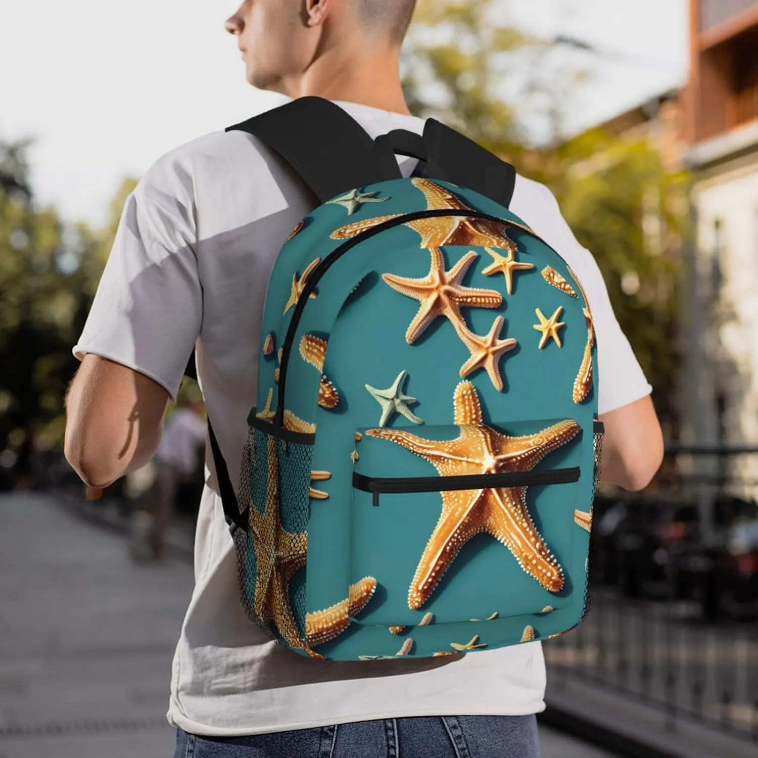 Beach Starfish Print Backpack For Women Men, Laptop Bookbag,Lightweight Casual Travel Daypack
