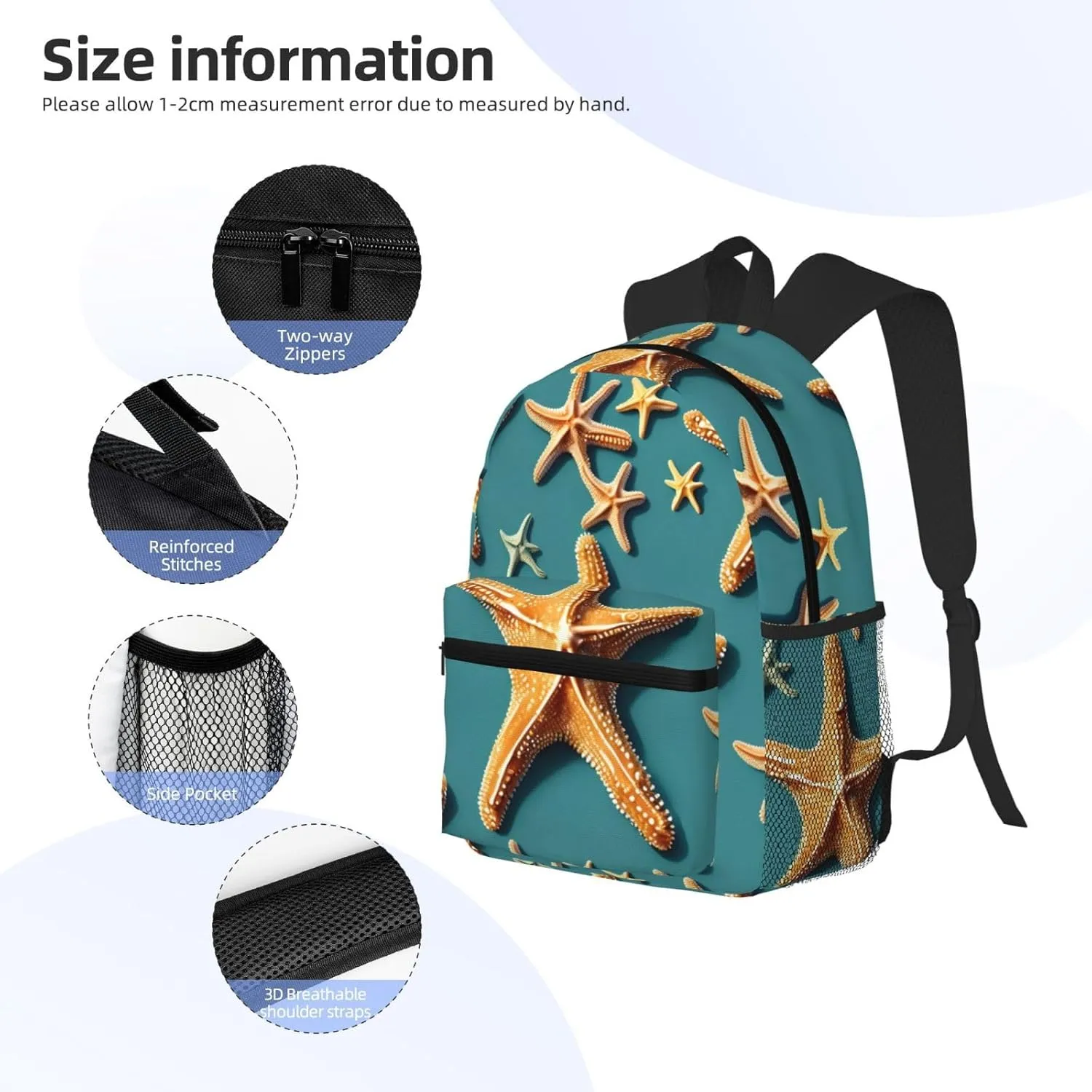 Beach Starfish Print Backpack For Women Men, Laptop Bookbag,Lightweight Casual Travel Daypack