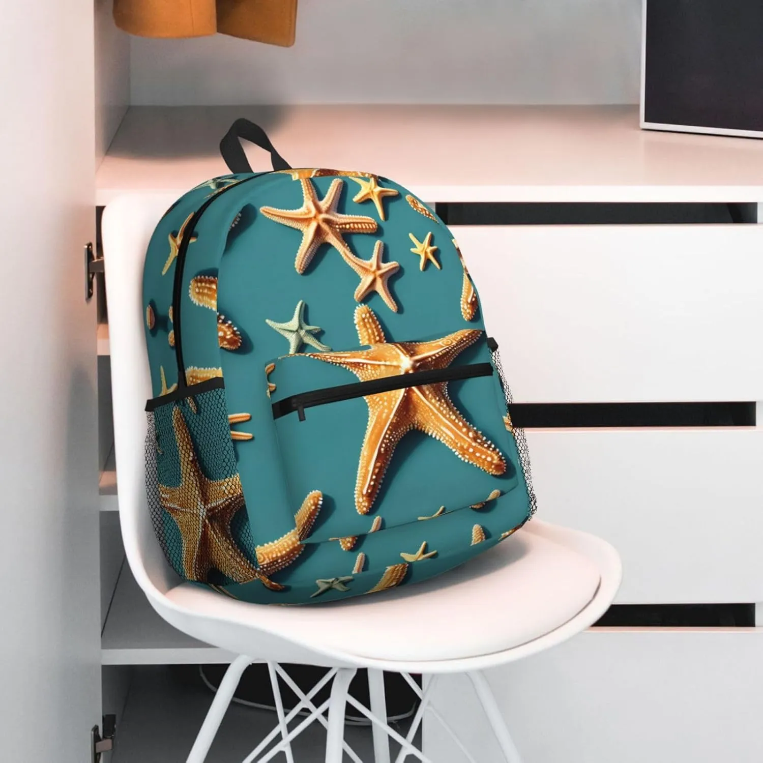 Beach Starfish Print Backpack For Women Men, Laptop Bookbag,Lightweight Casual Travel Daypack