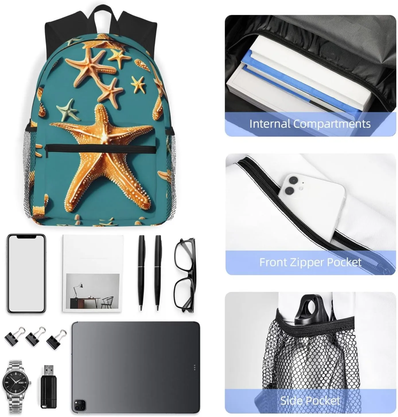 Beach Starfish Print Backpack For Women Men, Laptop Bookbag,Lightweight Casual Travel Daypack
