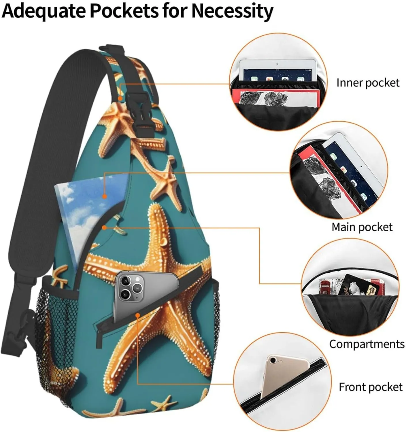 Beach Starfish Print Stylish Sling Backpack, Sling Bag,Chest Bag Daypack, for Hiking, Travel, and Business