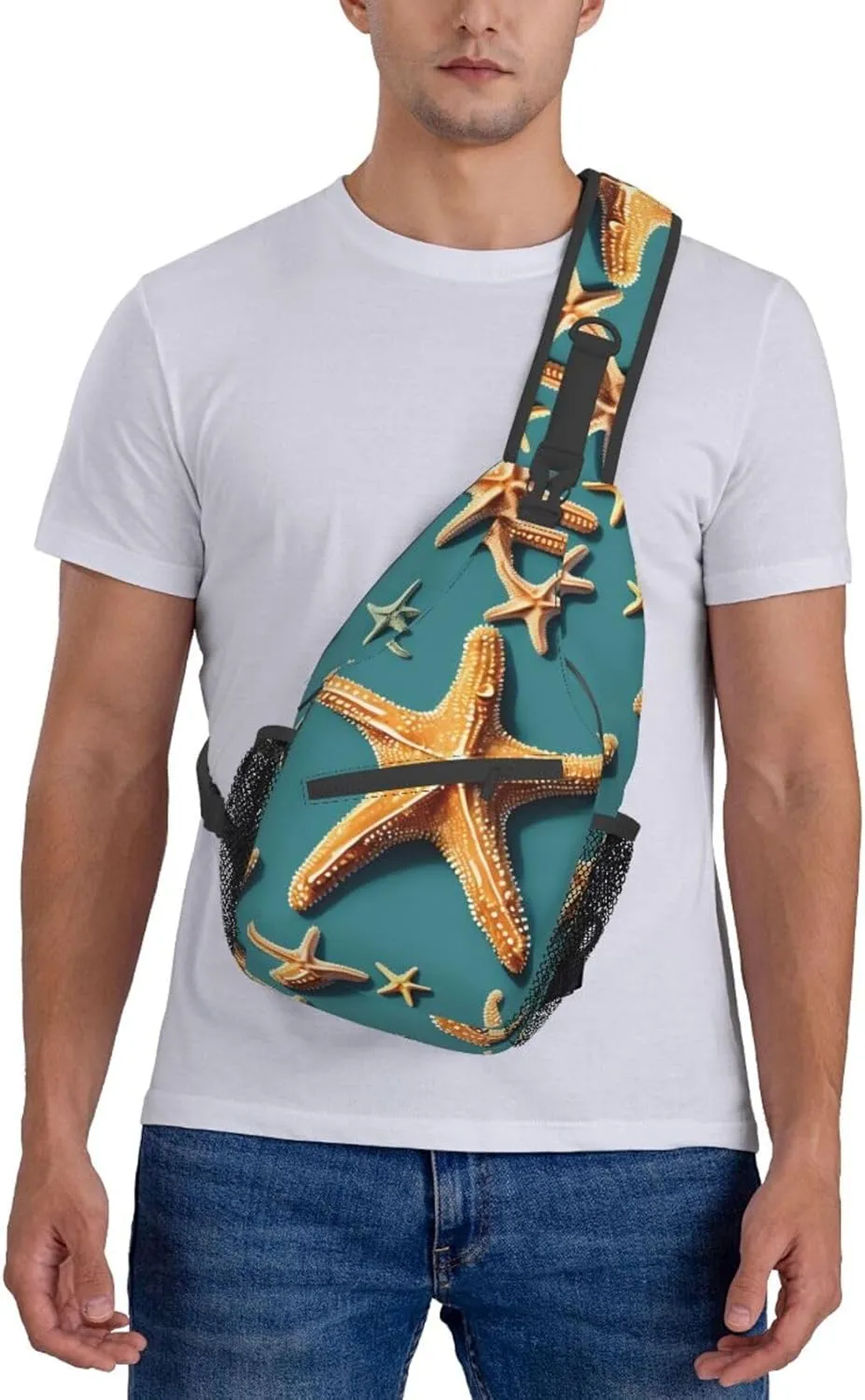 Beach Starfish Print Stylish Sling Backpack, Sling Bag,Chest Bag Daypack, for Hiking, Travel, and Business