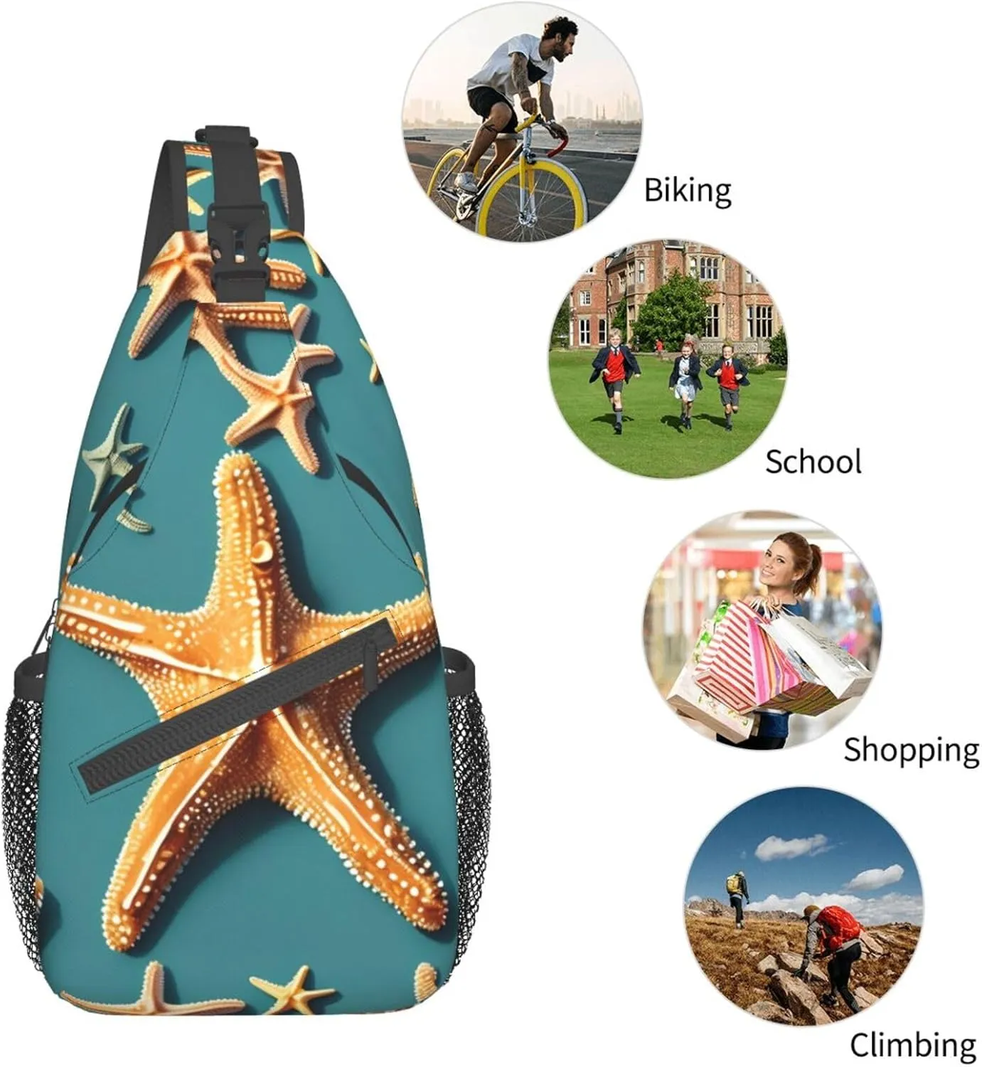 Beach Starfish Print Stylish Sling Backpack, Sling Bag,Chest Bag Daypack, for Hiking, Travel, and Business