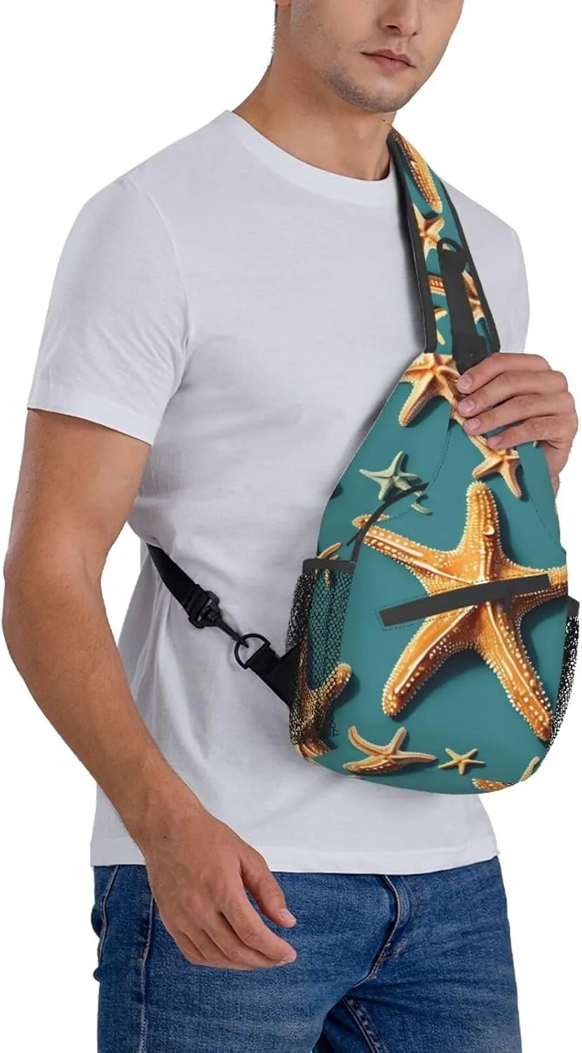 Beach Starfish Print Stylish Sling Backpack, Sling Bag,Chest Bag Daypack, for Hiking, Travel, and Business