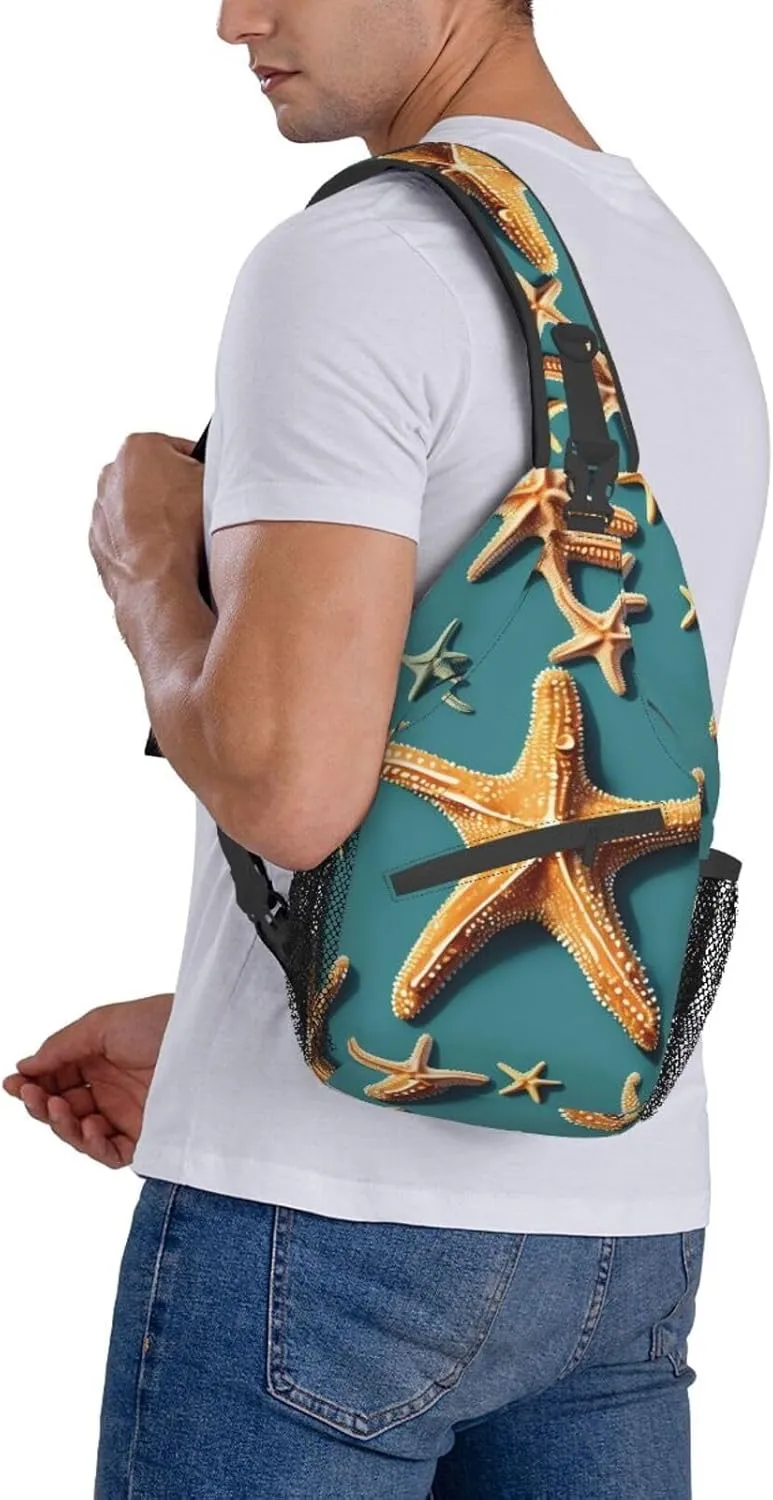 Beach Starfish Print Stylish Sling Backpack, Sling Bag,Chest Bag Daypack, for Hiking, Travel, and Business
