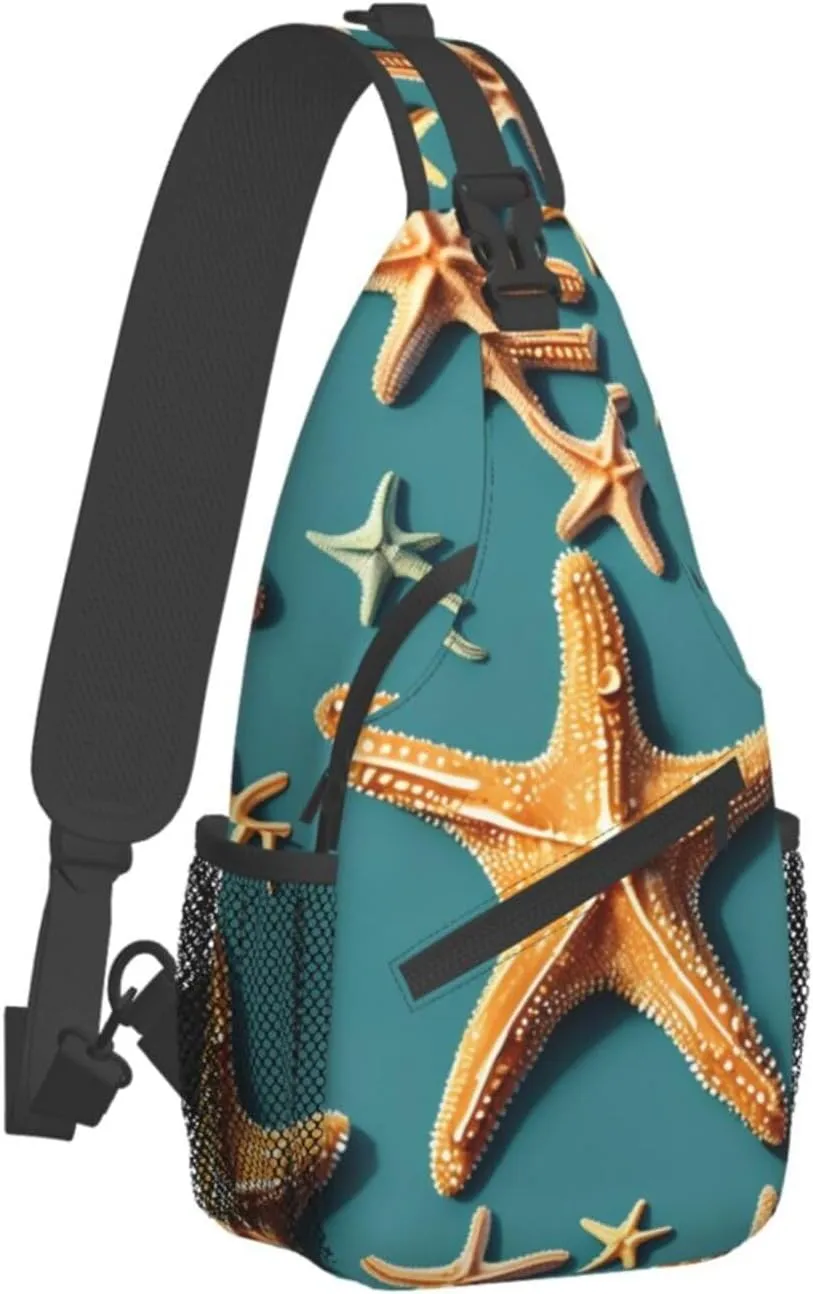 Beach Starfish Print Stylish Sling Backpack, Sling Bag,Chest Bag Daypack, for Hiking, Travel, and Business