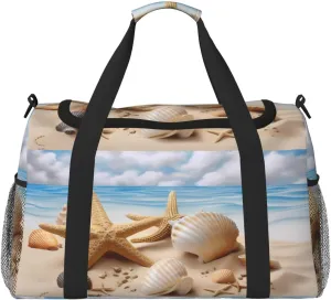 Beach Starfish Seashells Blue Sky Travel Weekender Overnight Bags Foldable Hand Travel Bag Sport Gym Duffel Bag For Men Women