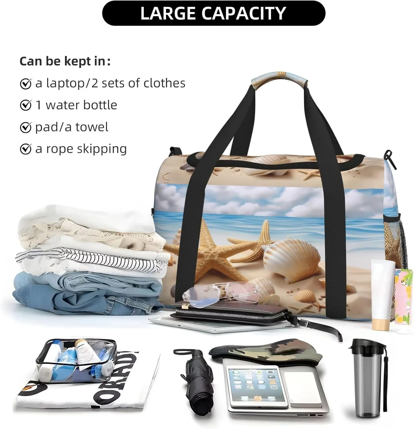 Beach Starfish Seashells Blue Sky Travel Weekender Overnight Bags Foldable Hand Travel Bag Sport Gym Duffel Bag For Men Women