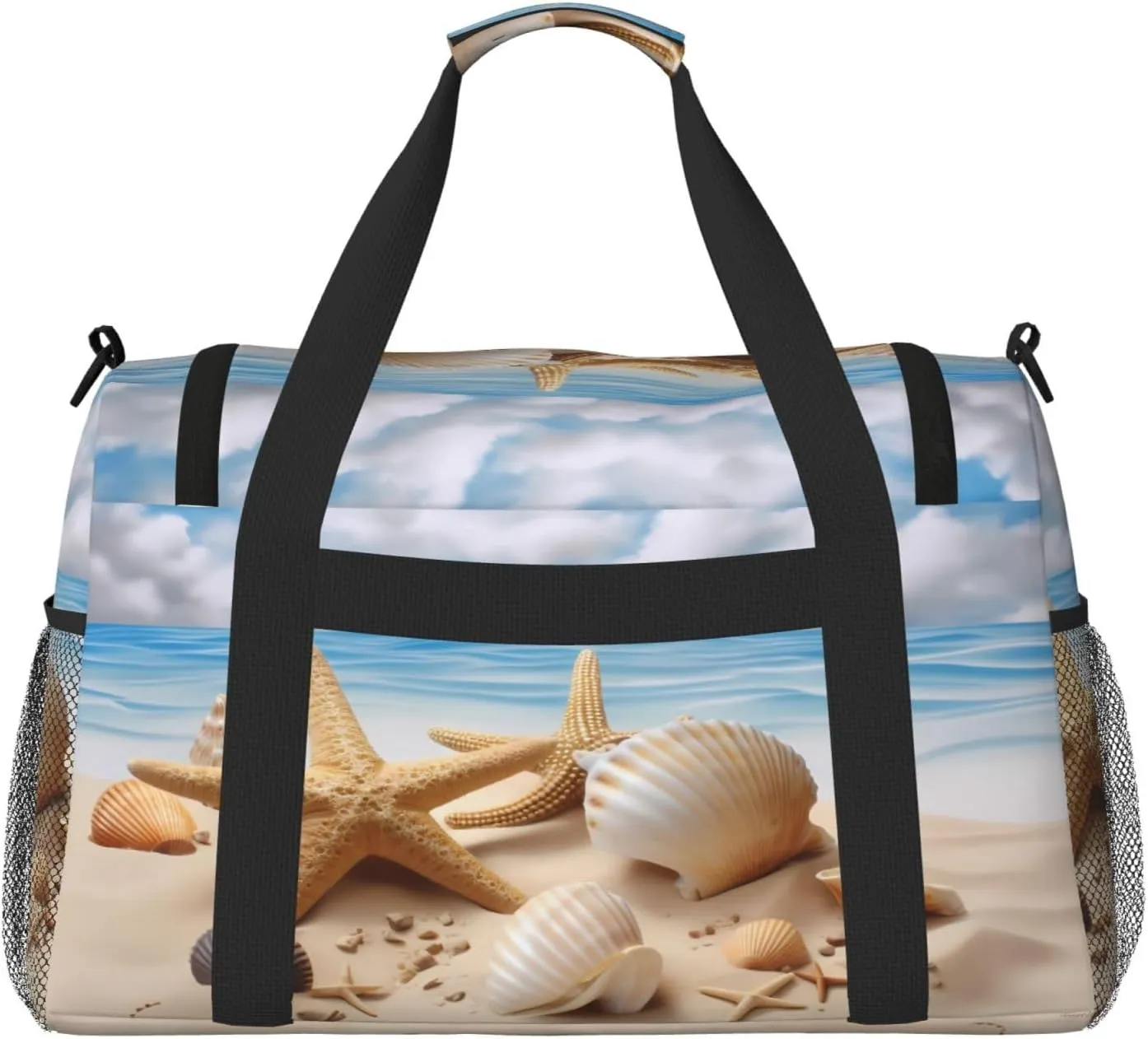Beach Starfish Seashells Blue Sky Travel Weekender Overnight Bags Foldable Hand Travel Bag Sport Gym Duffel Bag For Men Women