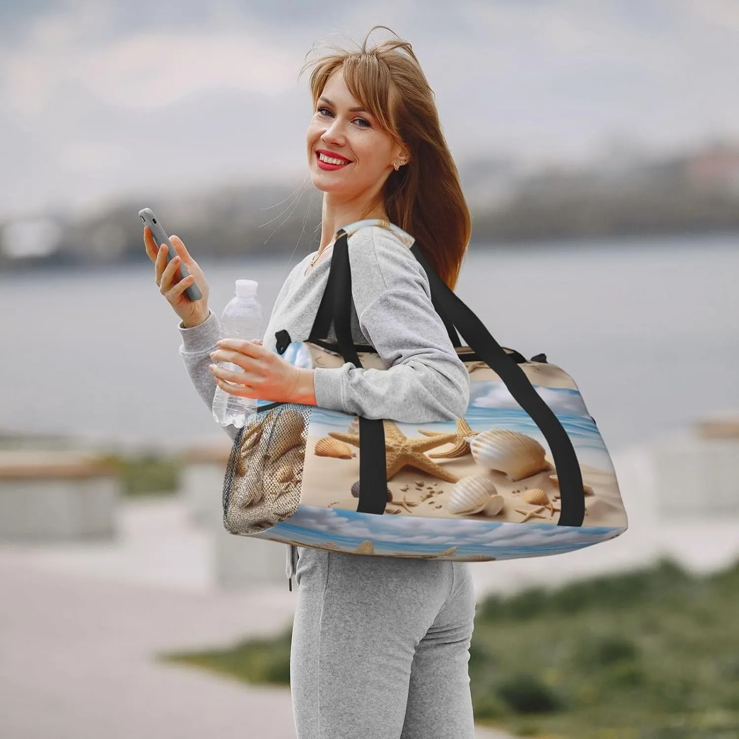 Beach Starfish Seashells Blue Sky Travel Weekender Overnight Bags Foldable Hand Travel Bag Sport Gym Duffel Bag For Men Women