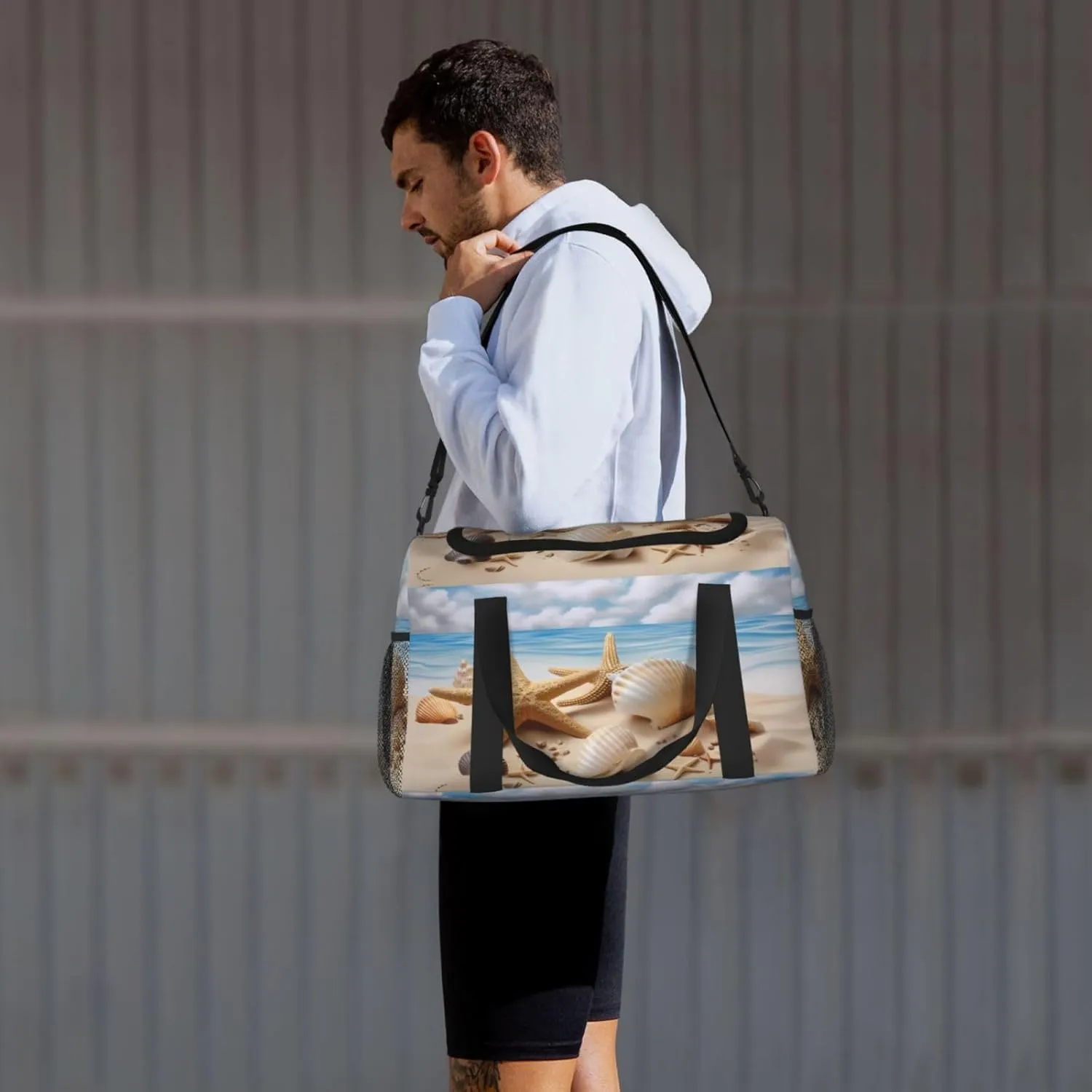 Beach Starfish Seashells Blue Sky Travel Weekender Overnight Bags Foldable Hand Travel Bag Sport Gym Duffel Bag For Men Women