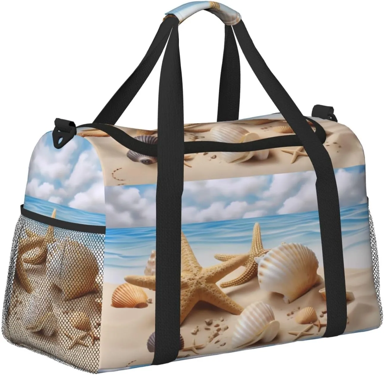 Beach Starfish Seashells Blue Sky Travel Weekender Overnight Bags Foldable Hand Travel Bag Sport Gym Duffel Bag For Men Women