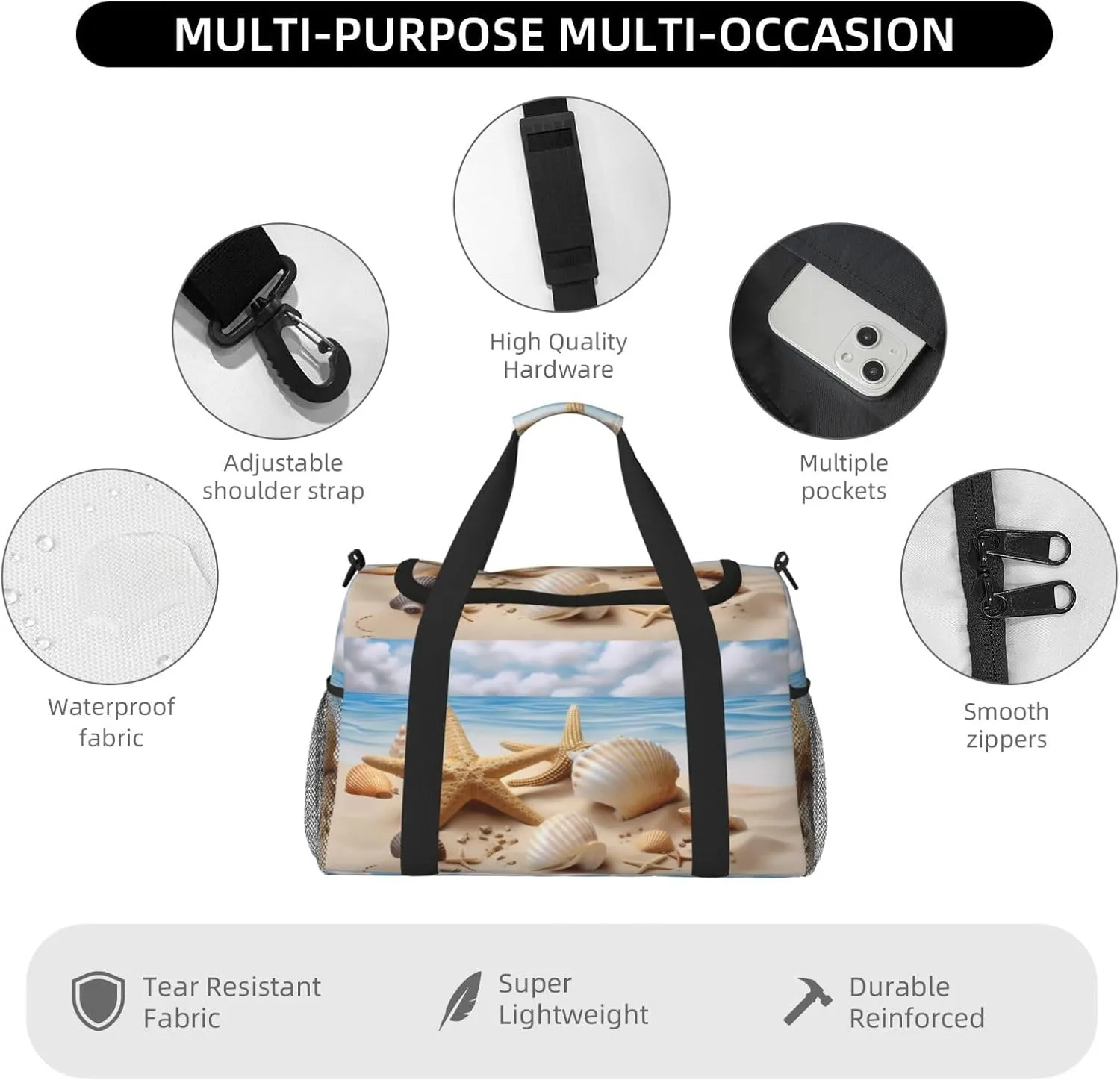 Beach Starfish Seashells Blue Sky Travel Weekender Overnight Bags Foldable Hand Travel Bag Sport Gym Duffel Bag For Men Women
