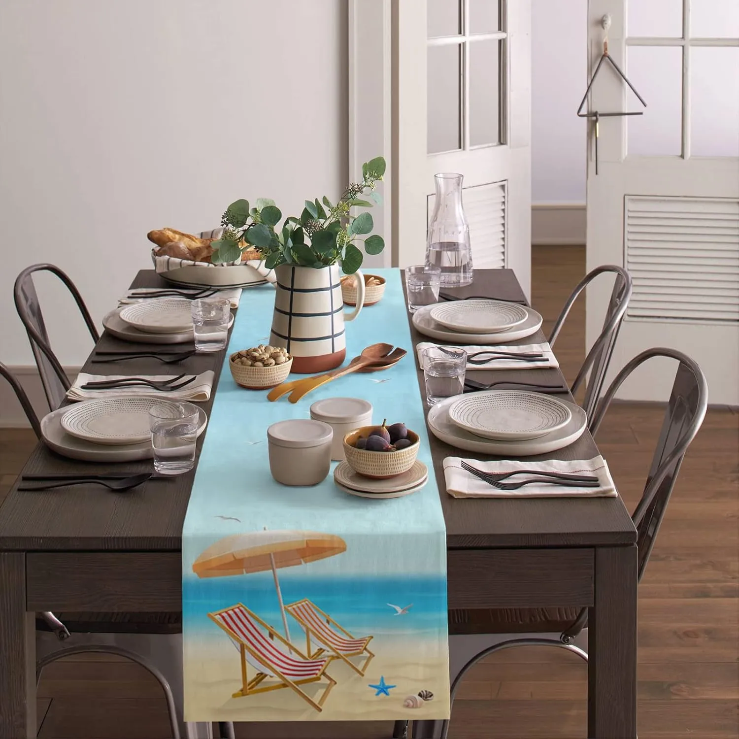 Beach Summer Table Runner 72 Inches Long - Blue Sky Deck Chair Starfish Shells Kitchen Dining Burlap & Cotton Tablerunner for Small/Round/Square/Wedding/Coffee/Dining Table Party Home Dﾃｩcor 14x72