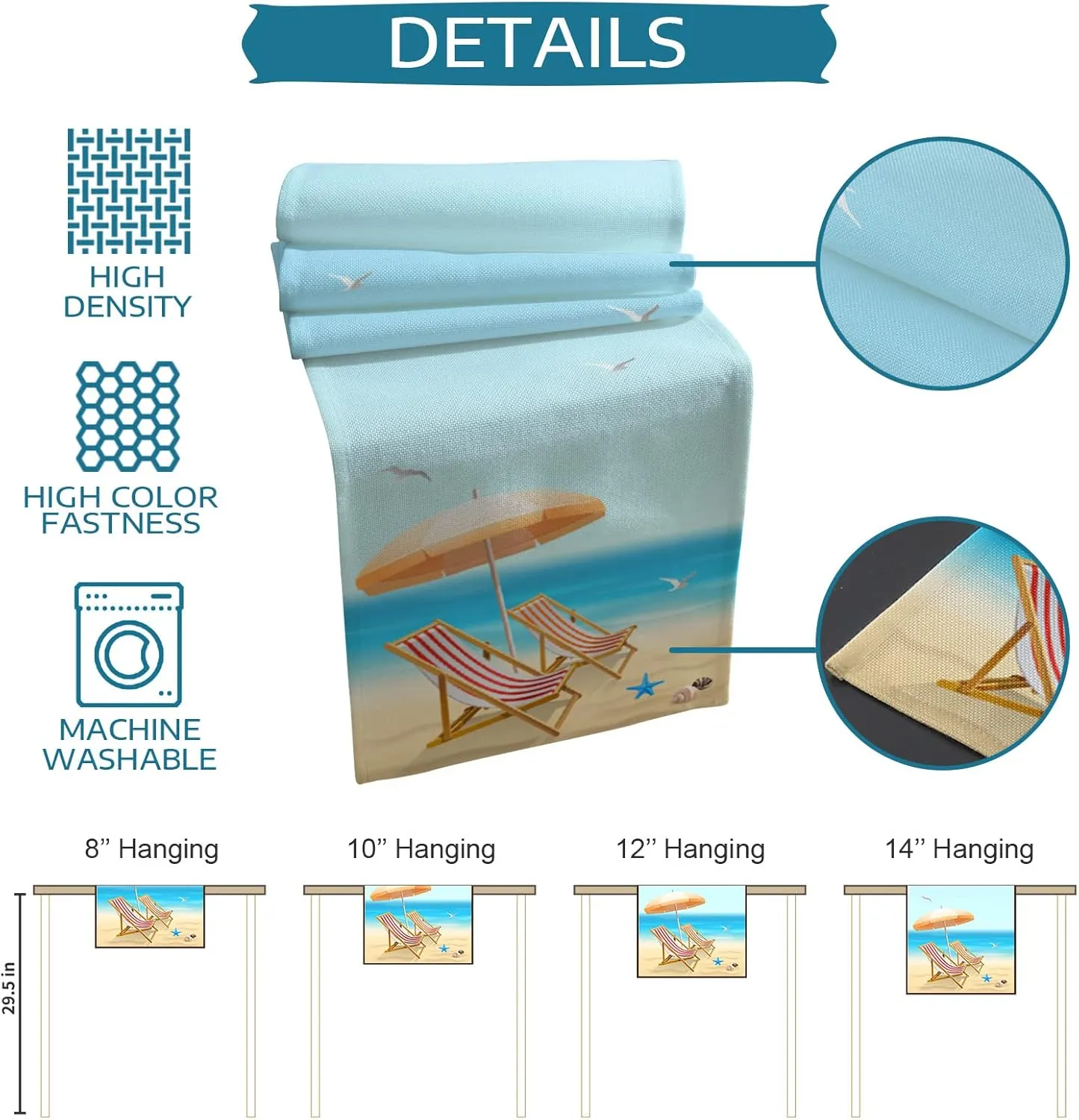 Beach Summer Table Runner 72 Inches Long - Blue Sky Deck Chair Starfish Shells Kitchen Dining Burlap & Cotton Tablerunner for Small/Round/Square/Wedding/Coffee/Dining Table Party Home Dﾃｩcor 14x72