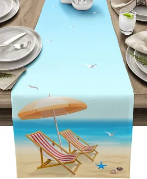 Beach Summer Table Runner 72 Inches Long - Blue Sky Deck Chair Starfish Shells Kitchen Dining Burlap & Cotton Tablerunner for Small/Round/Square/Wedding/Coffee/Dining Table Party Home Dﾃｩcor 14x72