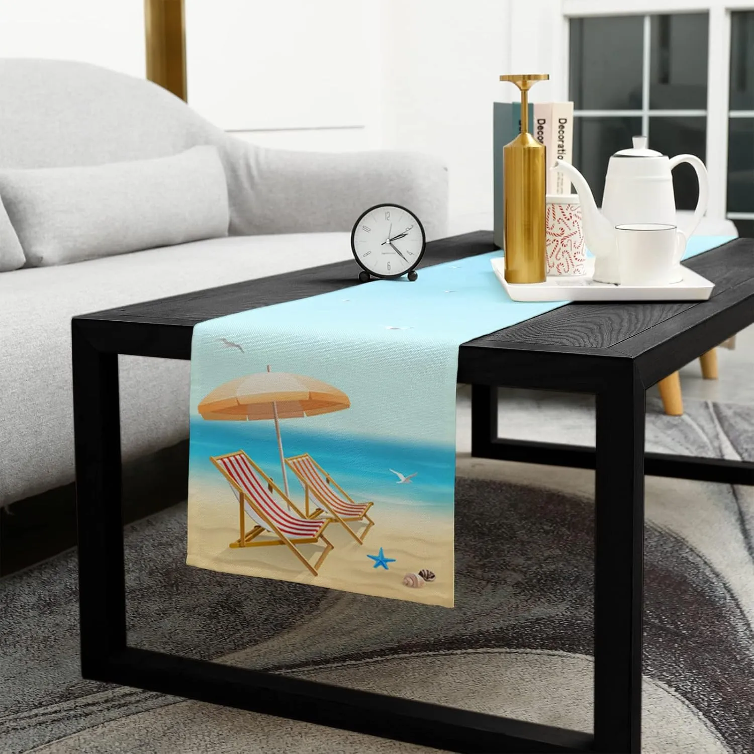 Beach Summer Table Runner 72 Inches Long - Blue Sky Deck Chair Starfish Shells Kitchen Dining Burlap & Cotton Tablerunner for Small/Round/Square/Wedding/Coffee/Dining Table Party Home Dﾃｩcor 14x72