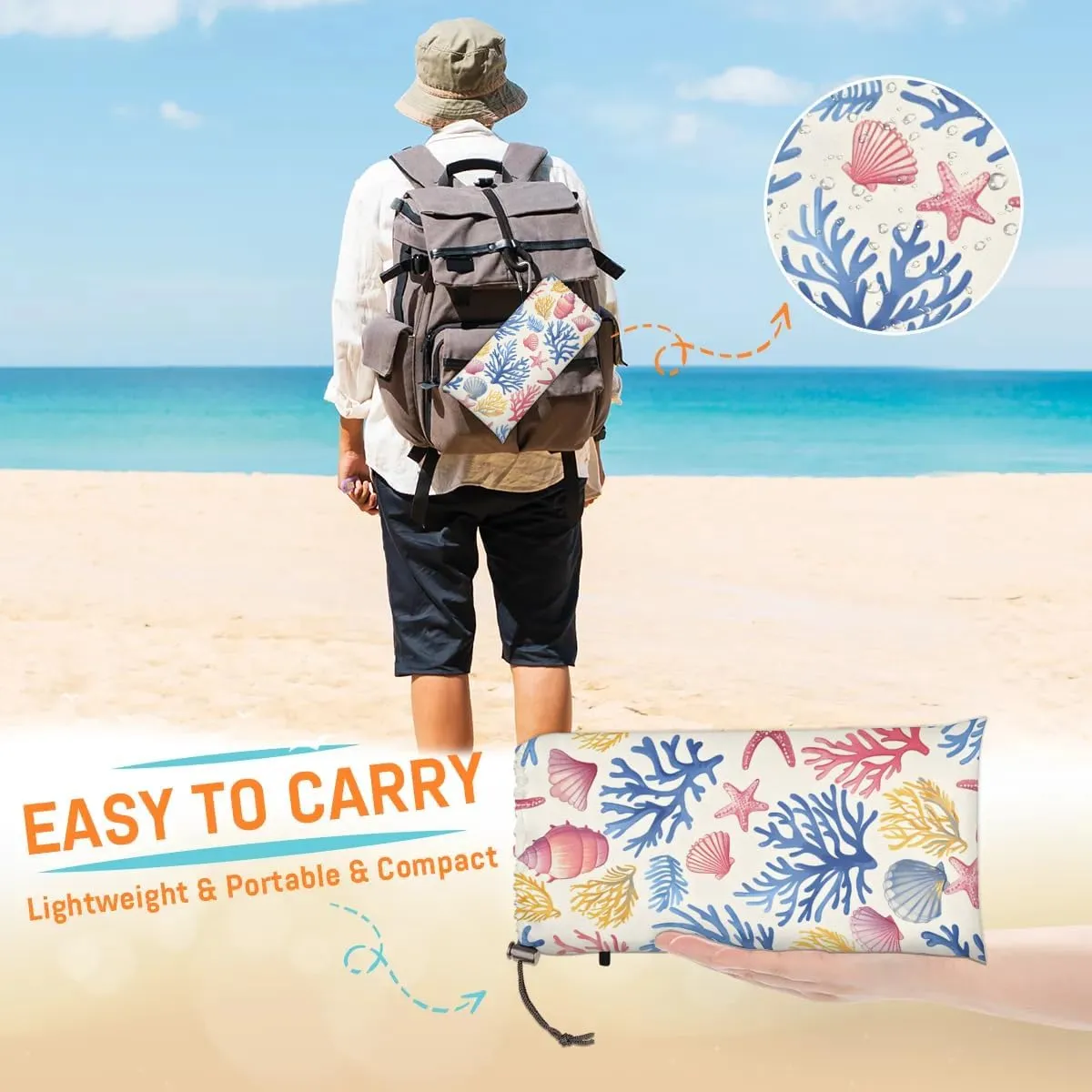 Beach Theme Beach Blanket, Sandproof Beach Mat, 68 x 59 Waterproof Quick Drying Sand Free Mat with 4 x Ground Spikes for Outdoor Travel Camping Hiking, Starfish Seashell Coral Coastal
