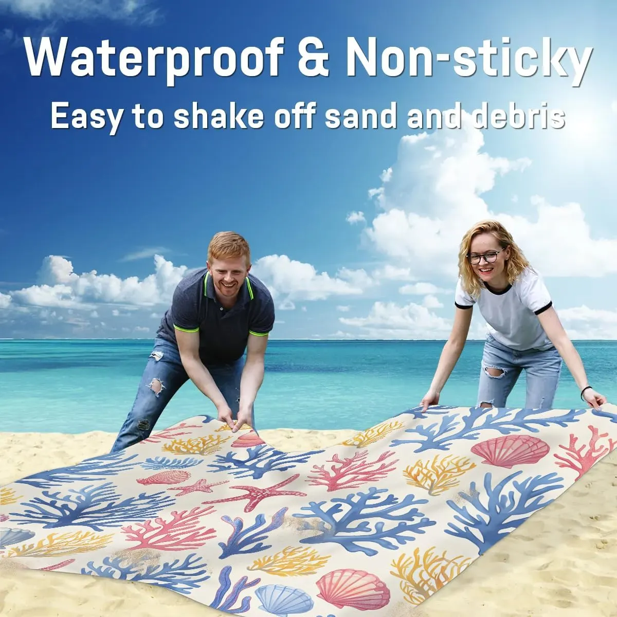 Beach Theme Beach Blanket, Sandproof Beach Mat, 68 x 59 Waterproof Quick Drying Sand Free Mat with 4 x Ground Spikes for Outdoor Travel Camping Hiking, Starfish Seashell Coral Coastal