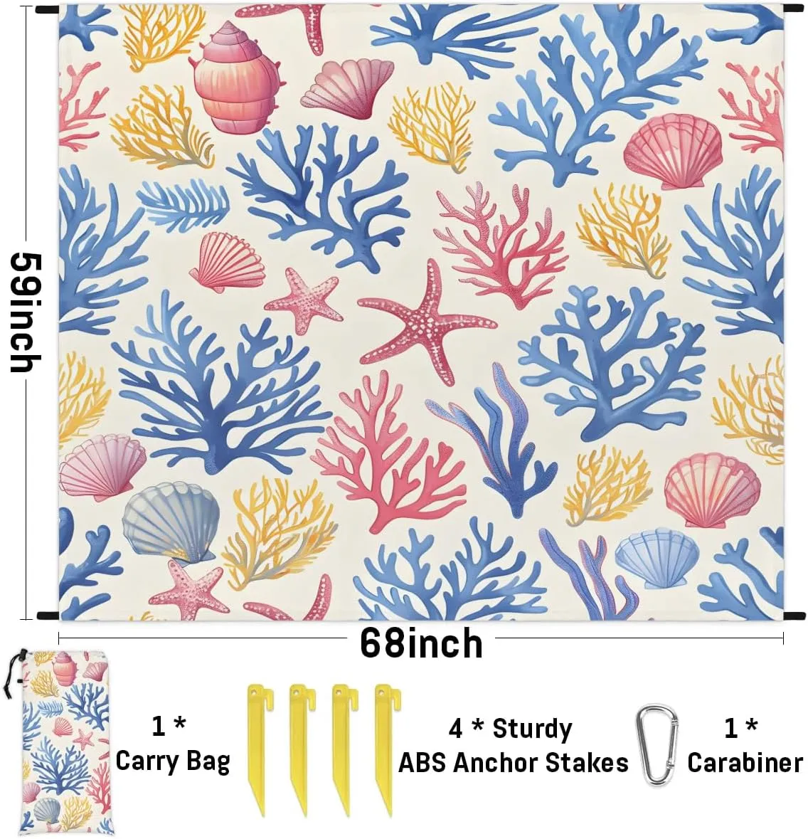 Beach Theme Beach Blanket, Sandproof Beach Mat, 68 x 59 Waterproof Quick Drying Sand Free Mat with 4 x Ground Spikes for Outdoor Travel Camping Hiking, Starfish Seashell Coral Coastal