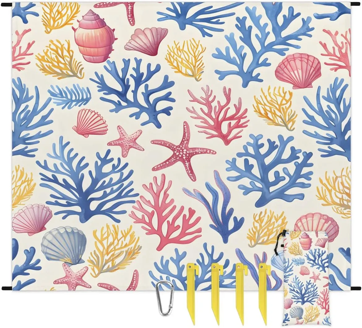 Beach Theme Beach Blanket, Sandproof Beach Mat, 68 x 59 Waterproof Quick Drying Sand Free Mat with 4 x Ground Spikes for Outdoor Travel Camping Hiking, Starfish Seashell Coral Coastal