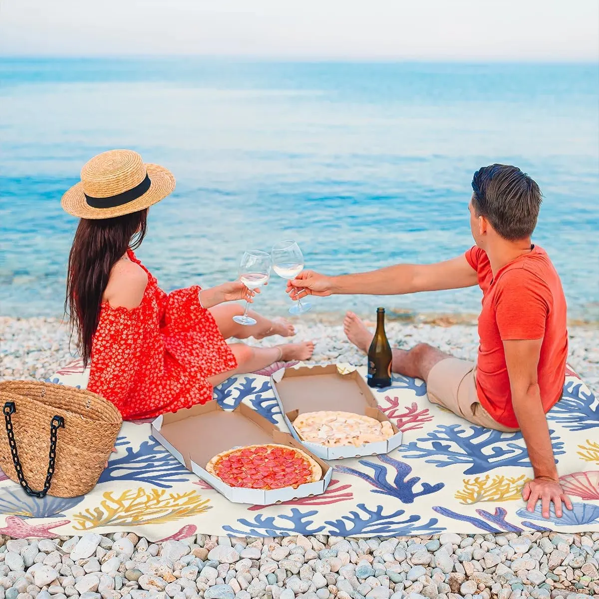 Beach Theme Beach Blanket, Sandproof Beach Mat, 68 x 59 Waterproof Quick Drying Sand Free Mat with 4 x Ground Spikes for Outdoor Travel Camping Hiking, Starfish Seashell Coral Coastal