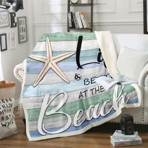 Beach Theme Sherpa Blanket,Cute Starfish Blanket Sea Ocean Themed Throw Blanket for Bed Chair Throw Size Coastal Sealife Fleece Blanket,Vintage Rustic Farmhouse Decor Colorful Stripe Living Room Decor