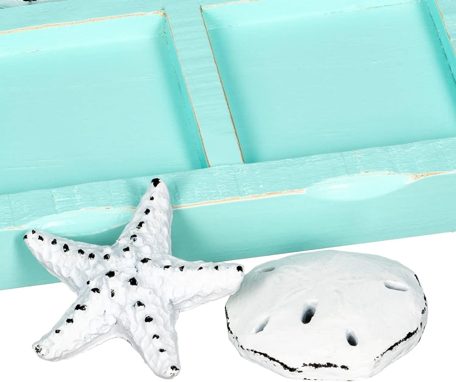 Beach Tic Tac Toe - 9" X 9" Seafoam Blue Tic Tac Toe Decor Home W/White Resin Starfish & Sand Dollars - Real Wooden Tic Tac Toe - Tic Tac Toe Coffee Table - Nautical Décor