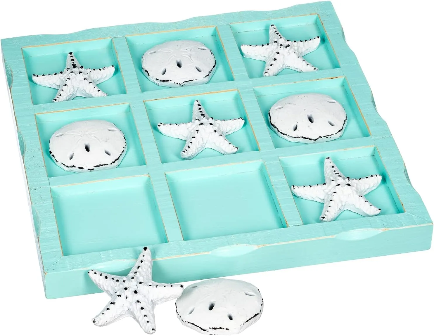 Beach Tic Tac Toe - 9" X 9" Seafoam Blue Tic Tac Toe Decor Home W/White Resin Starfish & Sand Dollars - Real Wooden Tic Tac Toe - Tic Tac Toe Coffee Table - Nautical Décor