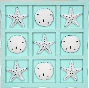 Beach Tic Tac Toe - 9" X 9" Seafoam Blue Tic Tac Toe Decor Home W/White Resin Starfish & Sand Dollars - Real Wooden Tic Tac Toe - Tic Tac Toe Coffee Table - Nautical Décor
