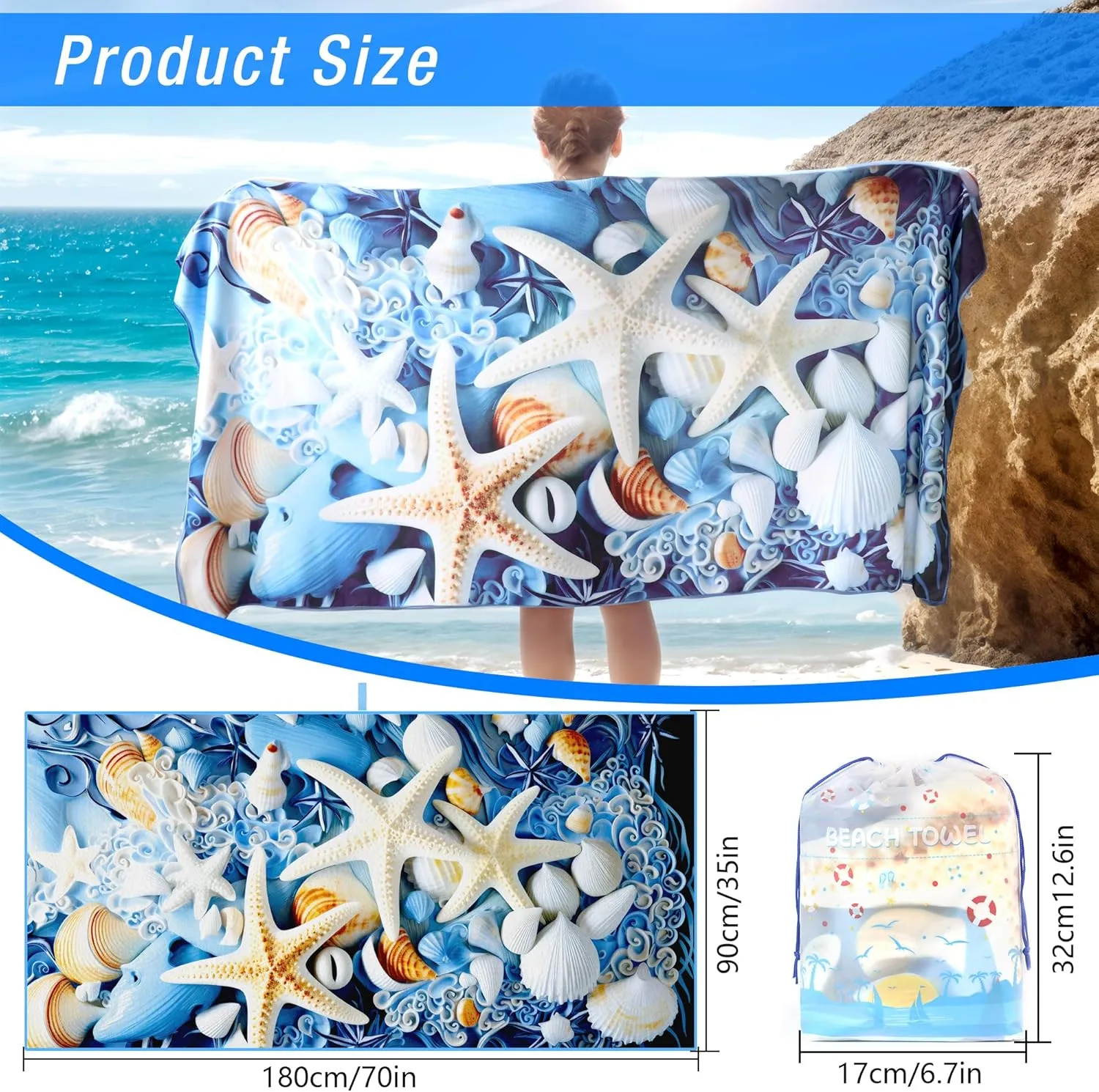Beach Towel Oversized, Microfiber Beach Towels 71"x35" Extra Large Beach Towel Microfiber Pool Towels for Beach Essentials, Camping Essentials, Cruise Ship Essentials (Starfish)