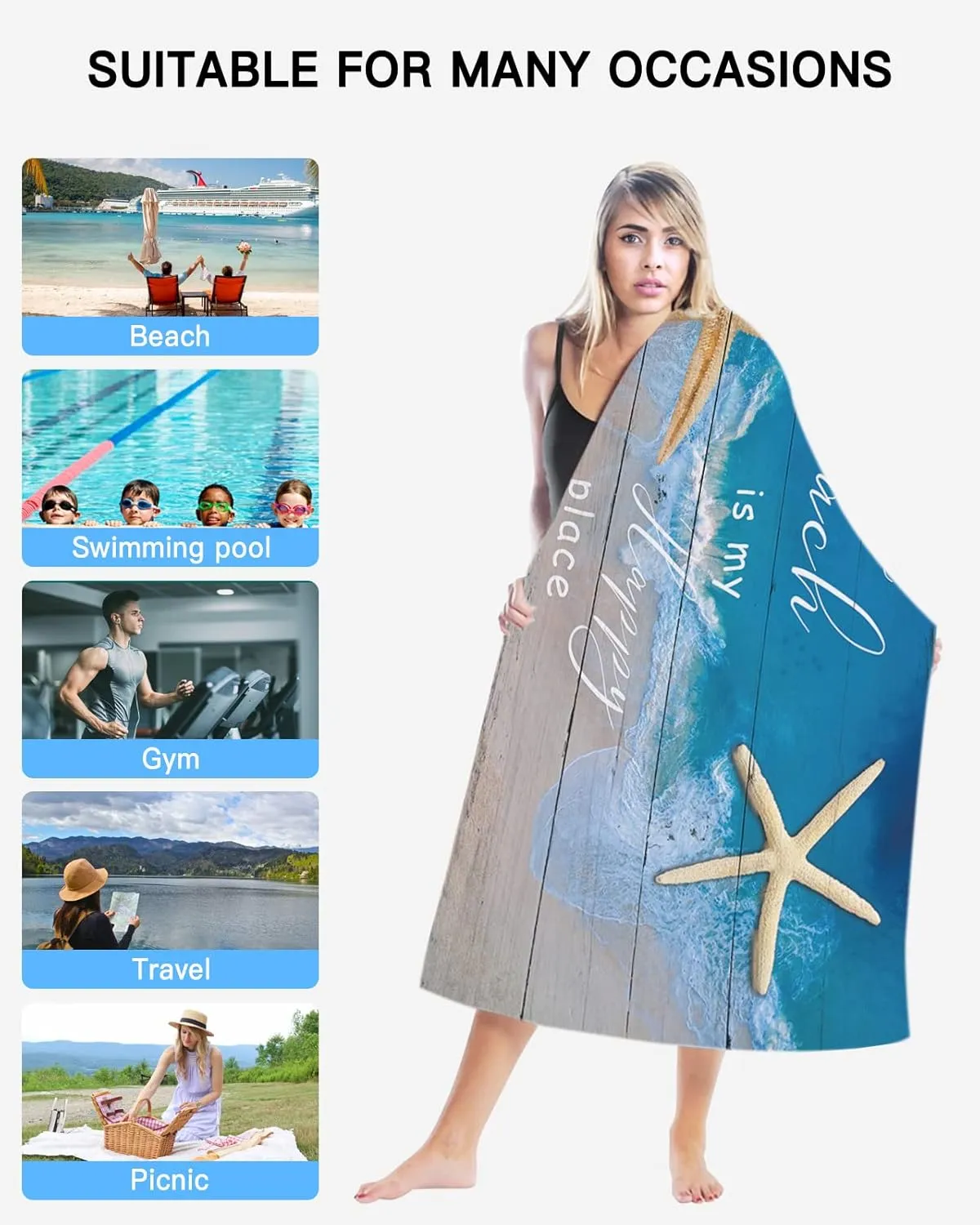 Beach Towel, The Beach is My Happy Place Coastal Beach Sand Starfish Seashell Beach Towel, Bath Towels Soft Absorbant Bathroom Towels, 36x72in Towels for Bathroom, Beach Accessories Beach Blanket