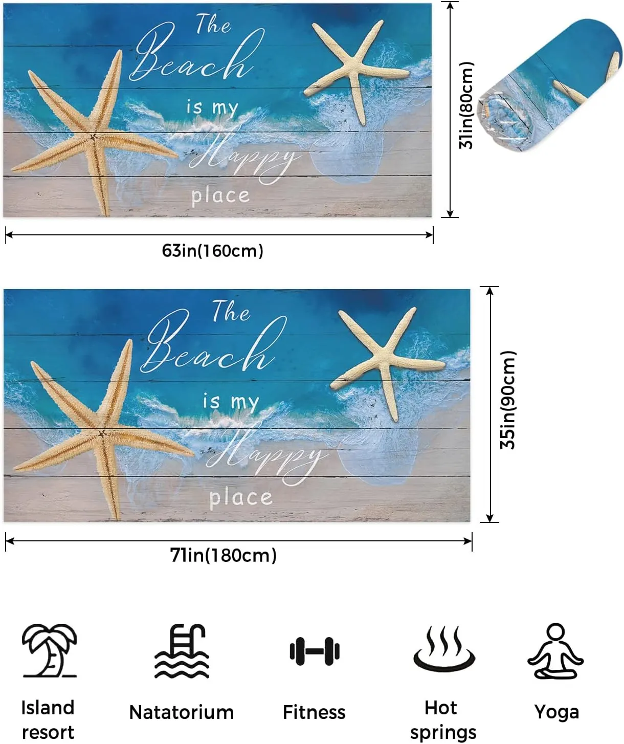 Beach Towel, The Beach is My Happy Place Coastal Beach Sand Starfish Seashell Beach Towel, Bath Towels Soft Absorbant Bathroom Towels, 36x72in Towels for Bathroom, Beach Accessories Beach Blanket