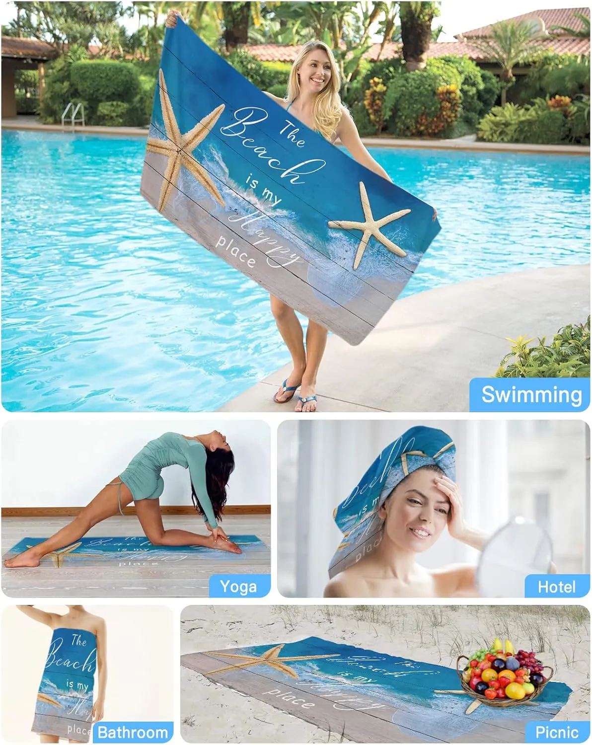 Beach Towel, The Beach is My Happy Place Coastal Beach Sand Starfish Seashell Beach Towel, Bath Towels Soft Absorbant Bathroom Towels, 36x72in Towels for Bathroom, Beach Accessories Beach Blanket