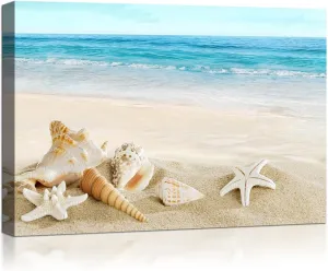 Beach Waves Wall Art One Panel Sands Conch Starfish Giclee Pictures Photo Canvas Prints on Framed Wall Art Blue Ocean Decor Pictures Artwork for Home Decor wall art, 16x24 Inch