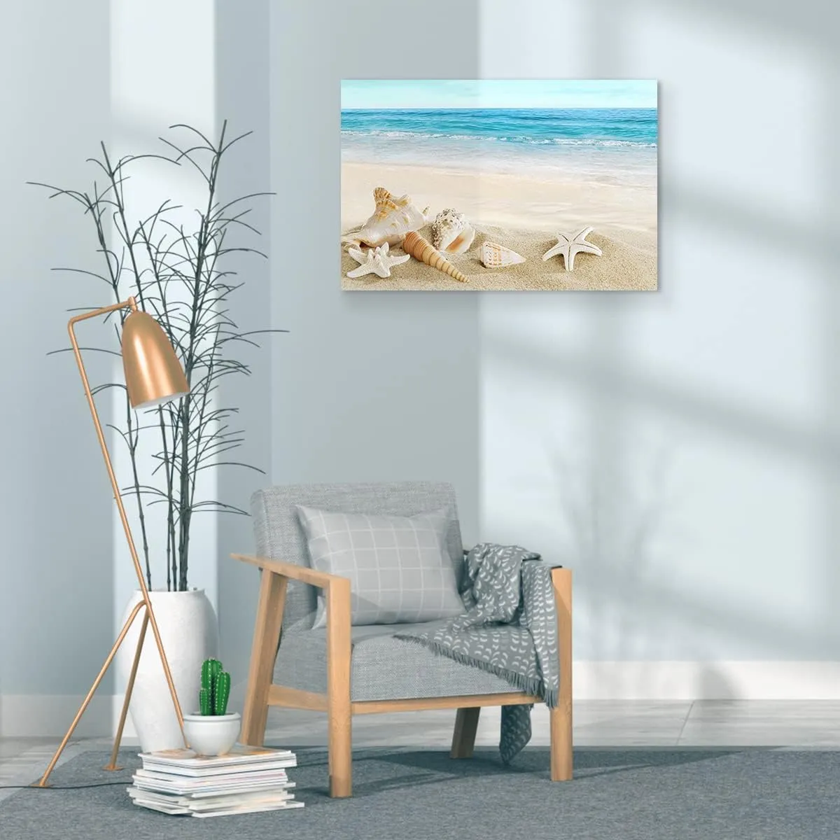 Beach Waves Wall Art One Panel Sands Conch Starfish Giclee Pictures Photo Canvas Prints on Framed Wall Art Blue Ocean Decor Pictures Artwork for Home Decor wall art, 16x24 Inch
