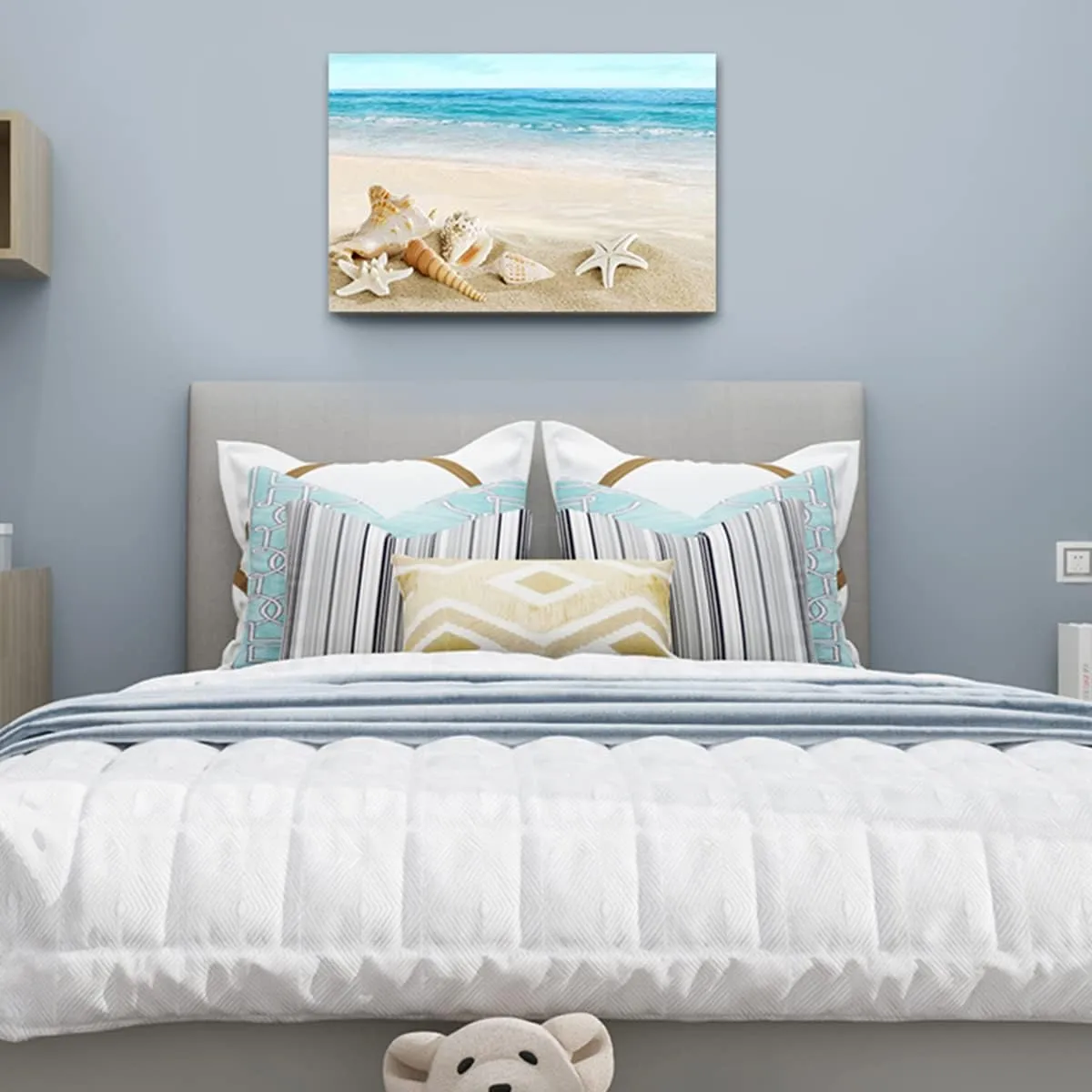 Beach Waves Wall Art One Panel Sands Conch Starfish Giclee Pictures Photo Canvas Prints on Framed Wall Art Blue Ocean Decor Pictures Artwork for Home Decor wall art, 16x24 Inch