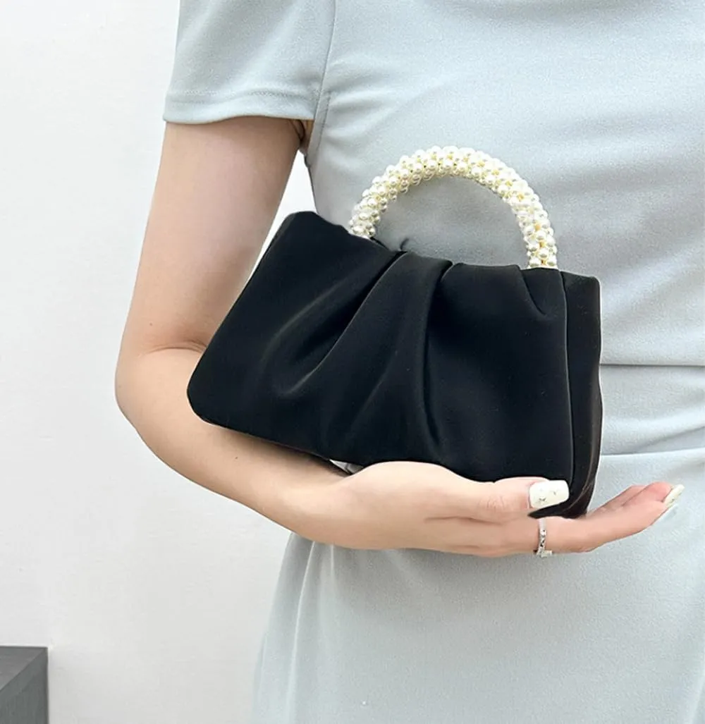 Beatfull Evening Purse Women Small Pearl Handbags Soft Leather Ruched Bag Wedding Bridal Clutch Party Prom Crossbody Purses