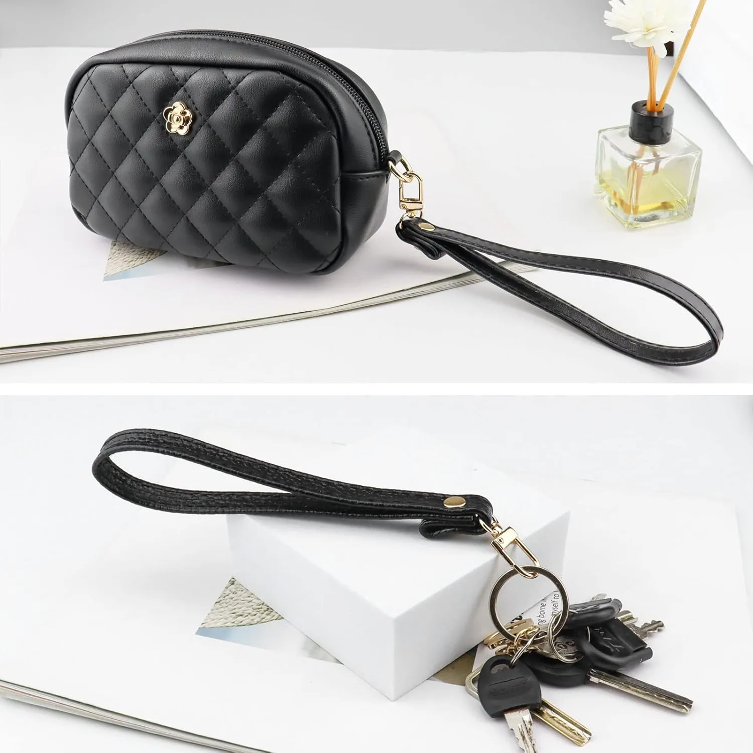 BEAULEGAN Purse Wrist Straps - Genuine Leather - Replacement for Clutch Pouch, Set of 2 PCS Black (Gold Buckle)