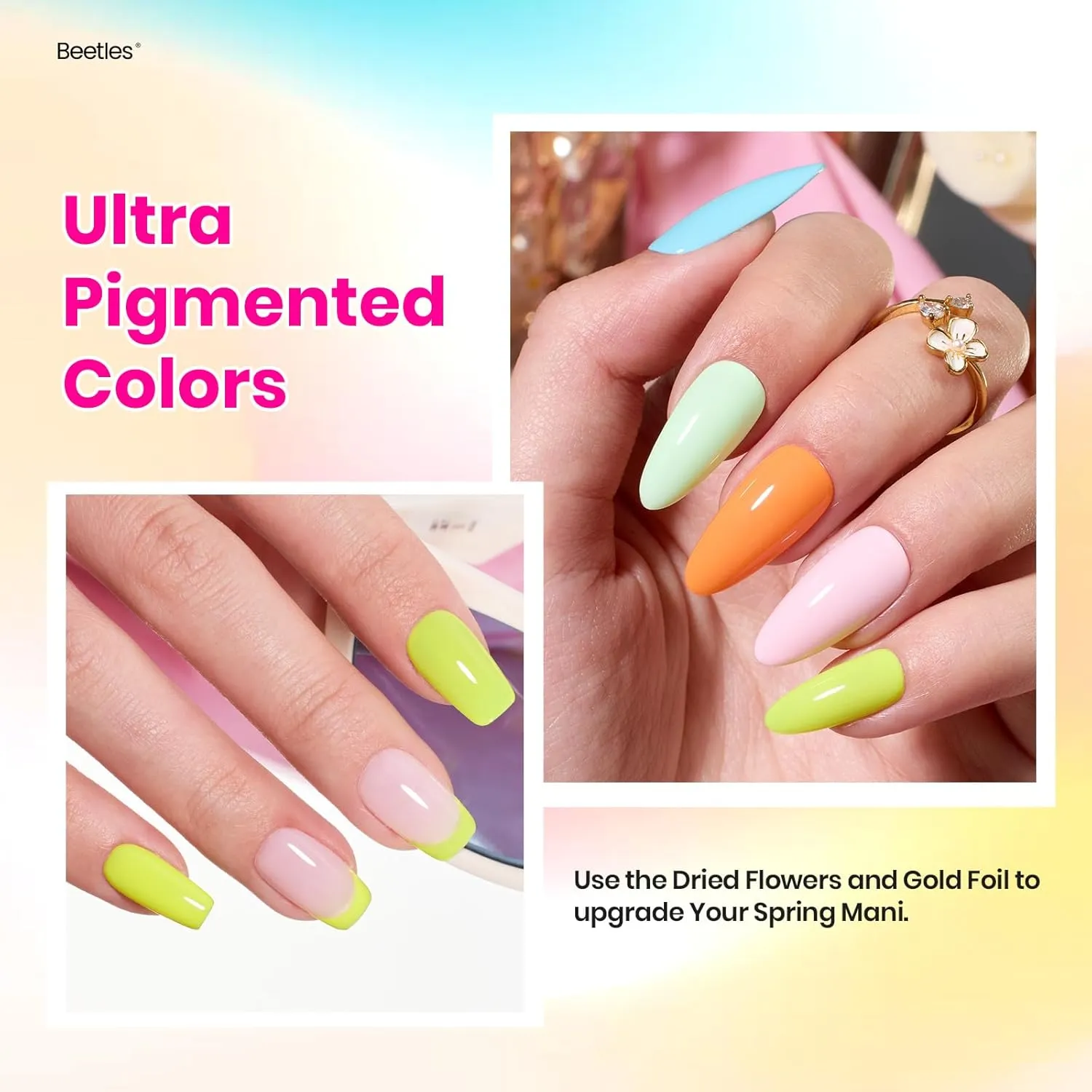 Beetles Spring Gel Nail Polish Set, 23 Pcs 20 Colors Neon Glitter Hot Pink Yellow Orange Blue Clear Pastel Gel Nail Polish Kit Soak Off UV Base Glossy & Matte Top Coat Gel Rainbow Nail Gift for Women