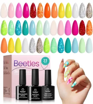Beetles Spring Gel Nail Polish Set, 23 Pcs 20 Colors Neon Glitter Hot Pink Yellow Orange Blue Clear Pastel Gel Nail Polish Kit Soak Off UV Base Glossy & Matte Top Coat Gel Rainbow Nail Gift for Women